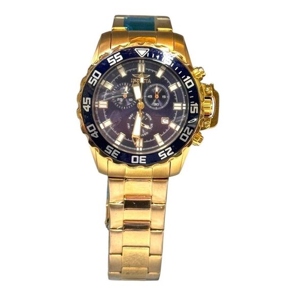 Invicta Pro Diver Men Chronograph Watch Gold Stainless Steel Blue Dial 100M 0073 - Picture 1 of 8